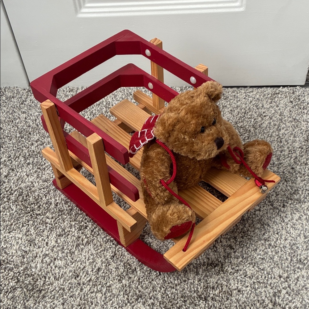 Christmas Wooden Rocking Sled with Teddy Bear - Red and Brown